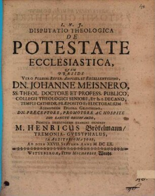 Disp. theol. de potestate ecclesiastica