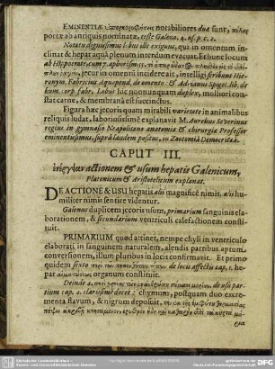 Caput III. [...] actionem & usum hepatis Galenicum, Platonicum & Aristotelicum explanat