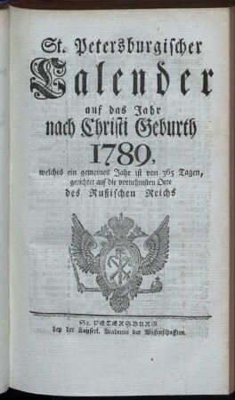 1789: St. Petersburgischer Calender auf das Jahr nach Christi Geburth 1789