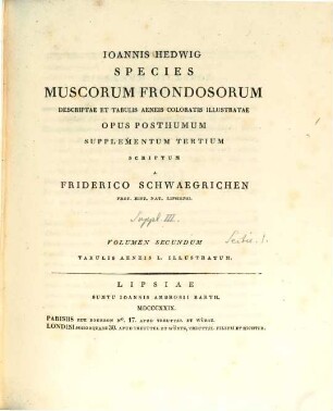 Ioannis Hedwig Med. Doct. ac Professoris Botanices ... Species mvscorvm Frondosorvm descriptae et tabvlis aeneis coloratis illvstratae : opvs postvmvm, 3,2,1 : Tabulis aeneis L. illustrata