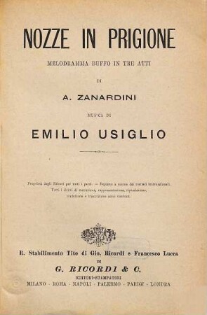 Nozze in prigione : melodramma buffo in tre atti