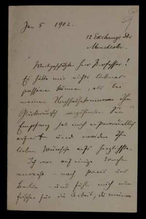 Nr. 6: Brief von Emanuel Lasker an Adolf Hurwitz, Manchester, 5.1.1902