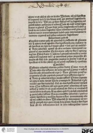 Expositio textus quid est adverbium scilicet diffinitive est pars orationis que adiecta id est apposita verbo significationem eorum explanat
