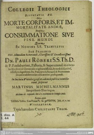 20: De morte corporis et immortalitate animae