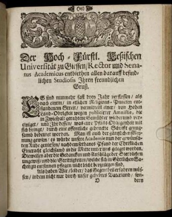 Der Hoch-Fürstl. Heßischen Universität zu Giessen, Rector und Senatus Academicus entbiethen allen ... freundlichen Gruß