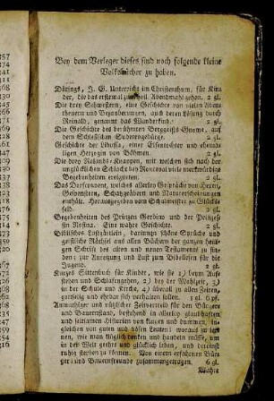 Bey dem Verleger dieses sind noch folgende kleine Volksbücher zu haben.