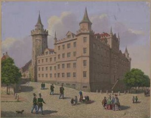 Ansicht der alten Kaserne von Bautzen, Aquarell, um 1850 : Die Alte Kaserne in Bautzen]. - [Sl.] , [ca. 1850]. - 1 Kunstblatt : mehrfarb. Aquarell ; Blattgr. 34 x 27 cm
