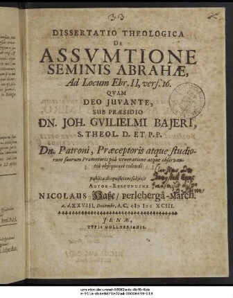Dissertatio Theologica De Assumtione Seminis Abrahae : Ad Locum Ebr. II, vers. 16.