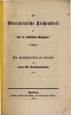 Der oberrheinische Kirchenstreit in der II. Badischen Kammer : ein Sendschreiben an dieselbe