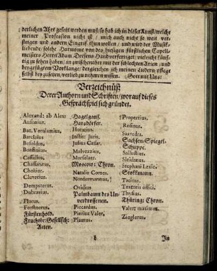 Verzeichnüß Derer Authorn und Schriften/ worauf dieses Gesprächspiel sich gründet.