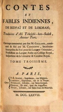 Contes Et Fables Indiennes De Bidpaï Et De Lokman, 3