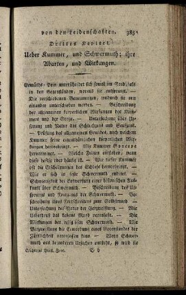 Drittes Kapitel. Ueber Kummer, und Schwermuth; ihre Abarten, und Wirkungen.