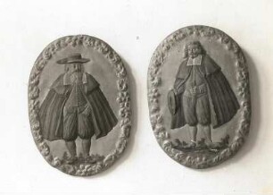 Zwei Handwerkerschilde. Meister in Zunftkleidung. (Diese Schilde dienten als Vorlage, wie sich der zünftige Meister zu kleiden hatte.) Holz, geschnitzt, Reliefs, bemalt. 17. Jh.