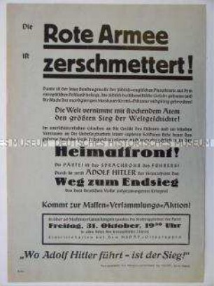 Flugblatt mit der Verkündung des "Sieges" über die Sowjetunion und Aufruf zu einer Massenversammlung