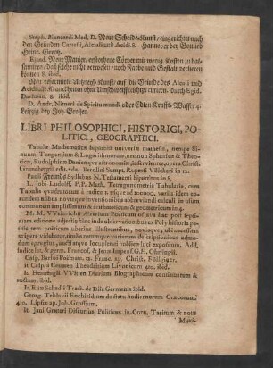 Libri Philosophici, Historici, Politici, Geographici.