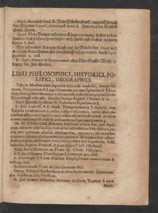 Libri Philosophici, Historici, Politici, Geographici.