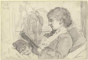 Luise Scholderer lesend mit Katze
