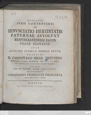 Qvaestio Ivris Controversi An Renvnciatio Hereditatis Paternae Involvat Renvnciationem Dotis Filiae Elocatae