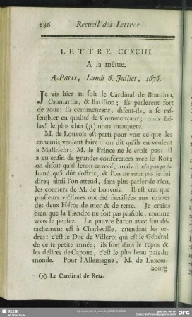 Lettre CCXCIII. A la même. A Paris, Lundi 6. Juillet, 1676