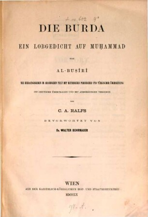 Die Burda : ein Lobgedicht auf Muḥammad
