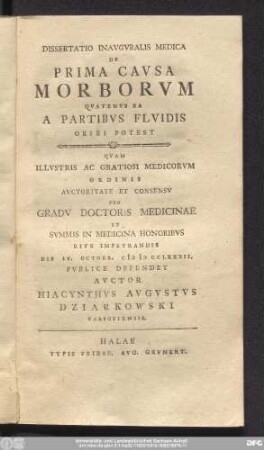 Dissertatio Inavgvralis Medica De Prima Cavsa Morborvm Qvatenvs Ea A Partibvs Flvidis Oriri Potest