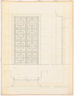 Reichsluftfahrtministerium, Berlin: Eingangshalle Q1L, Eingang (Bronzetüren): Außenansicht, Schnitt, Grundriss 1:20
