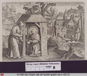 Personifiaktion der Sanctimoniala Hierosolymitana, eine Heilige reicht einem Eremiten einen Krug.