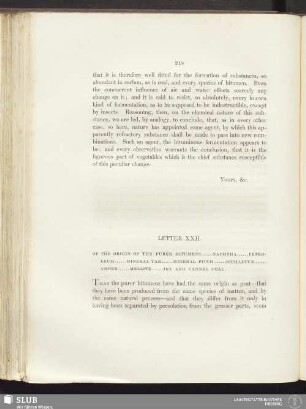 Letter XXII. Of the origin of the purer bitumens ... Naphtha ... Petroleum ... Mineral tar ... Mineral pitch ... Asphaltum ... Amber ... Mellite ... Jet and cannel coal