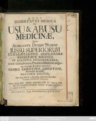 Dissertatio Medica De Usu & Abusu Medicinæ