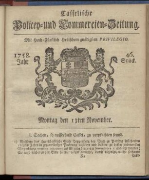 46. Stueck, Montag den 13ten November 1758