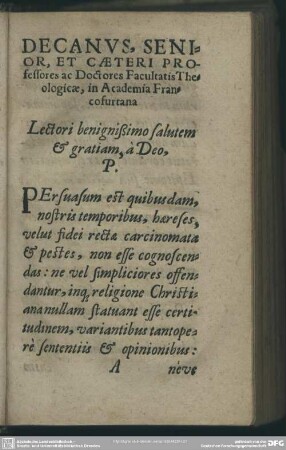 Decanus, Senior, Et Caeteri Professores ac Doctores Facultatis Theologicae, in Academia Francofurtana