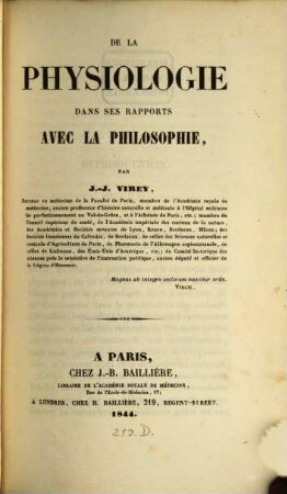 De la Physiologie dans ses rapports avec la philosophie