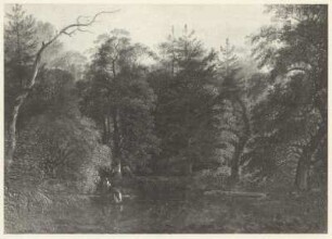 Waldlandschaft mit Teich (im Mittelgrund zwei Fischer mit Kahn)