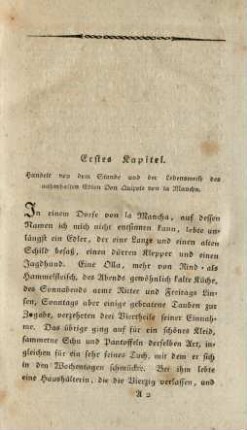 Erstes Kapitel. Handelt von dem Stande und der Lebensweise des nahmhaften Edlen Don Quixote von la Mancha
