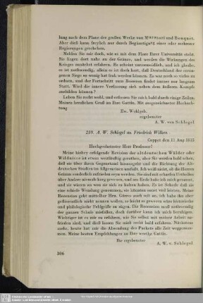 August Wilhelm von Schlegel an Friedrich Wilken, Coppet, 11.08.1815