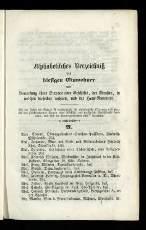 Alphabetisches Verzeichniß der hiesigen Einwohner