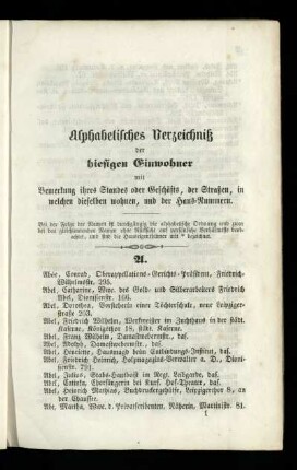 Alphabetisches Verzeichniß der hiesigen Einwohner