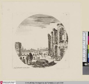 Stadtansicht Roms mit Konstantinsbogen am linken Bildrand und Kolosseum am rechten Bildrand; jeweils angeschnitten.