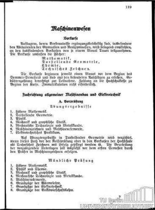 Maschinenwesen Fachrichtungen für allgemeinen Maschinenbau, Elektrotechnik, Schiffbau, Schiffsmaschinenbau und Luftfahrt