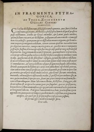 In Fragmenta Pythagorica, ad Theod. Zvinggervm Gvlielmi Canteri praefatio