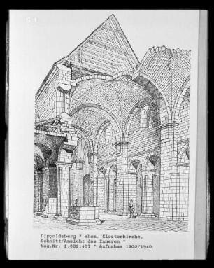 Lippoldsberg, ehemalige Benediktinerinnenklosterkirche Sankt Maria und Georg: Schnitt und Ansicht des Inneren