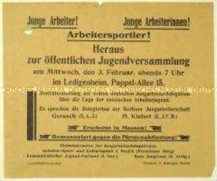 Aufruf zu einer Versammlung kommunistischer Jugendorganisationen am 3. Februar 1926 in Berlin über die Situation russischer Jungarbeiter