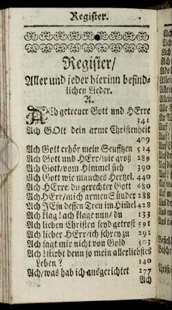 Register / Aller und jeder hierinn befindlichen Lieder.