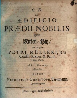 De Aedificio Praedii Nobilis : = Vom Ritter-Sitz