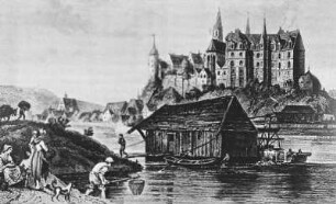Meißen. Stadtansicht mit Schiffsmühle, Radierung, um 1835, Repro