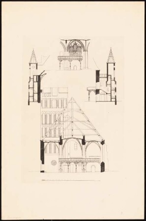 Kreuzkirche Spremberg Wiederherstellung: Querschnitt mit Empore, Ansicht der Orgel, Treppenturmdetails