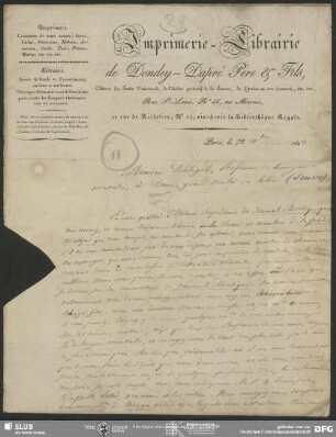 Eigenh. Brief mit gedr. Briefkopf von Prosper Dondey-Dupré an August Wilhelm von Schlegel, Paris, 12.12.1823