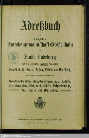 1913/14: Adreß- und Geschäfts-Handbuch der königl. Amtshauptmannschaft Grossenhain mit Stadt Radeburg