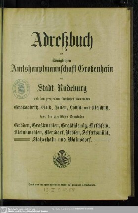 1913/14: Adreß- und Geschäfts-Handbuch der königl. Amtshauptmannschaft Grossenhain mit Stadt Radeburg