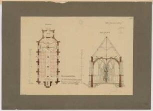 Dorfkirche für 250 Personen Monatskonkurrenz Mai 1864: Grundriss, Querschnitt (Richtung Altar/ Kanzel); 2 Maßstabsleisten